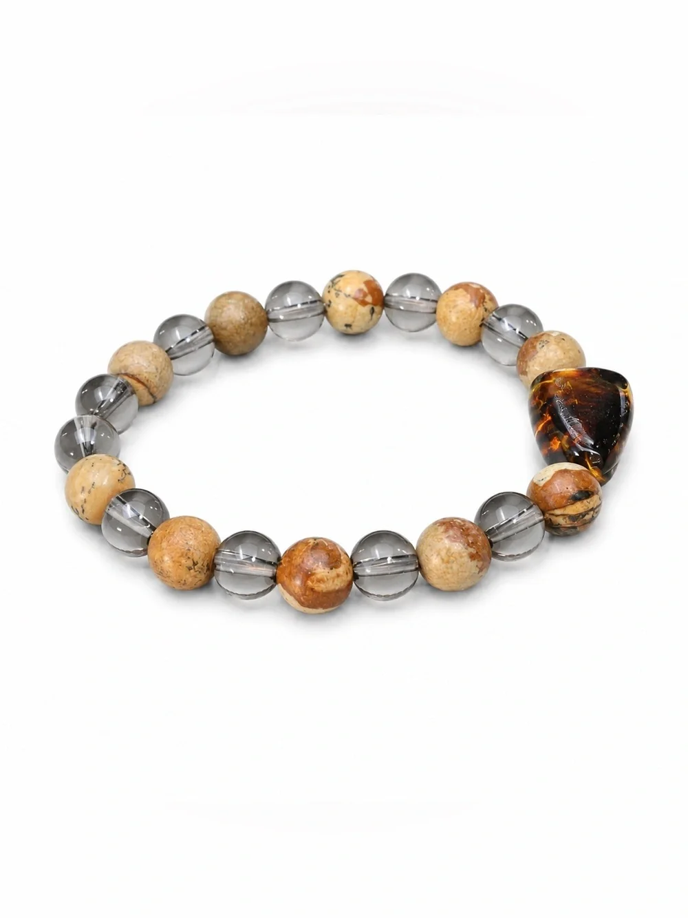 Handmade Amber Beaded Bracelet 7.5” Boho Stretch Earth Tone Jewelry